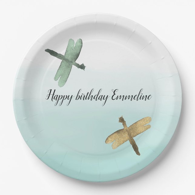 Mint Gold Dragonflies Ombre Watercolor Paper Plates (Front)
