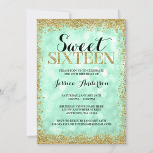 Mint Gold Faux Glitter Lights Sweet 16 Birthday Invitation