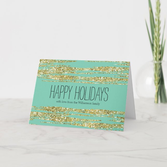 Mint Gold Faux Glitter Stripes Christmas Holiday Card (Front)