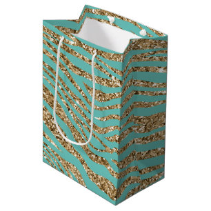 Mint Gold Faux Glitter Zebra Medium Gift Bag