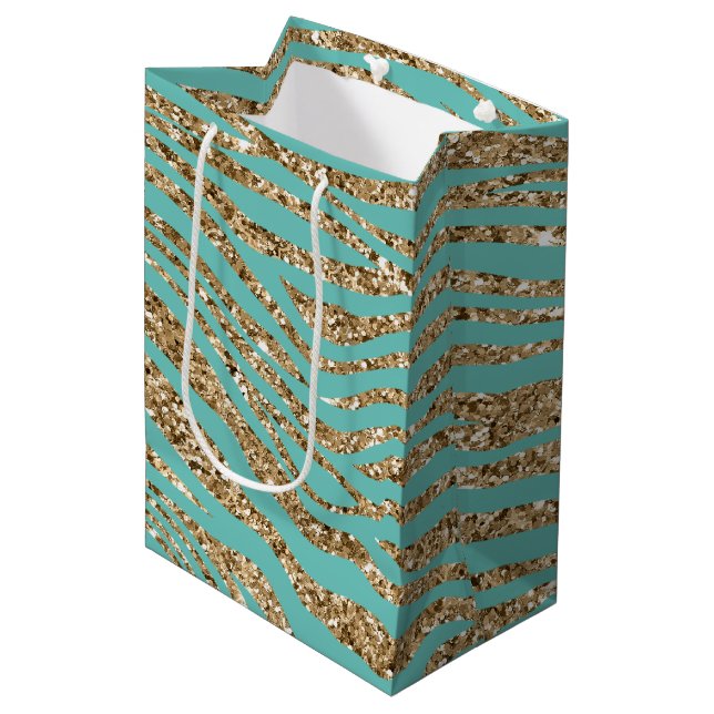 Mint Gold Faux Glitter Zebra  Medium Gift Bag (Front Angled)