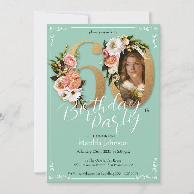 Mint Gold Floral Boho Custom Photo 60th Birthday Invitation (Front)