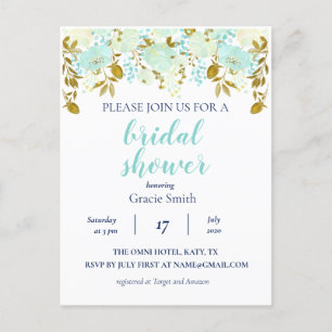 Mint & Gold Floral Bridal Shower Invitation Postcard