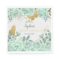 Mint Gold Floral Butterfly Quinceañera  Napkins
