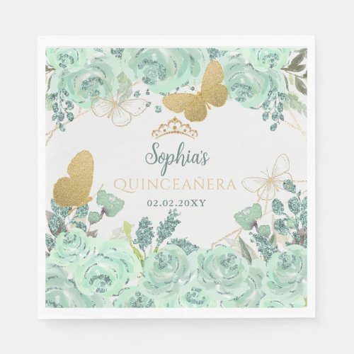 Mint Gold Floral Butterfly Quinceaera  Napkins