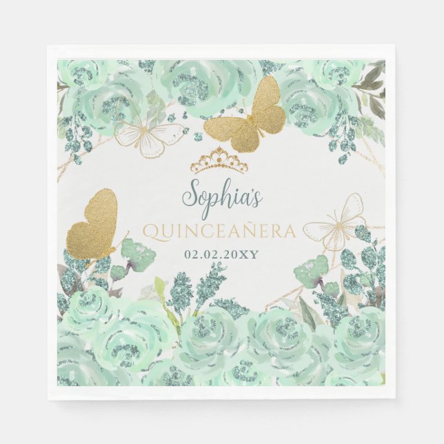 Mint Gold Floral Butterfly Quinceañera  Napkins (Front)