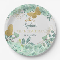 Mint Gold Floral Butterfly Quinceañera  Paper Plates