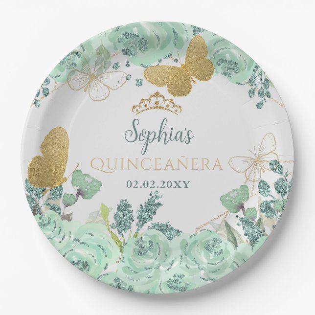 Mint Gold Floral Butterfly Quinceañera  Paper Plates (Front)