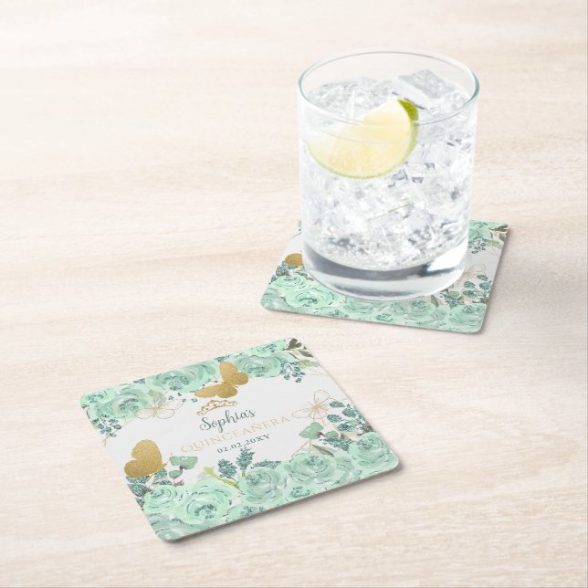 Mint Gold Floral Butterfly Quinceañera  Square Paper Coaster (Insitu)