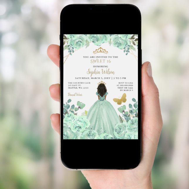 Mint Gold Floral Princess Butterfly Sweet 16 Invitation (Front Digital)