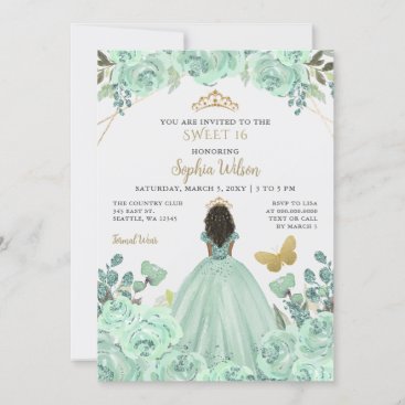 Mint Gold Floral Princess Butterfly Sweet 16 Invitation
