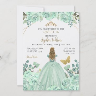 Mint Gold Floral Princess Butterfly Sweet 16 Invitation