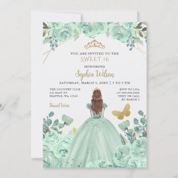 Mint Gold Floral Princess Butterfly Sweet 16 Invitation by Invitationboutique at Zazzle