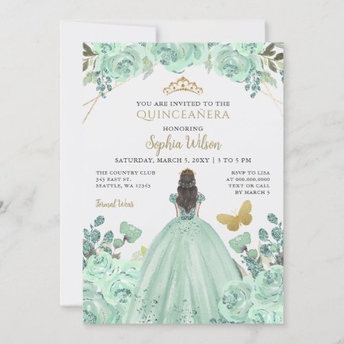 Mint Gold Floral Princess Quinceaera Quince  Invitation