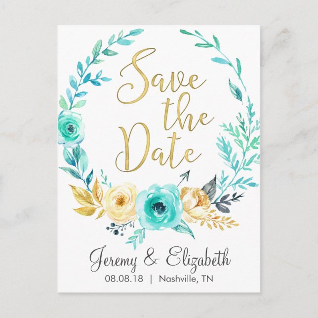 Mint & Gold Floral Save the Date Postcards (Front)