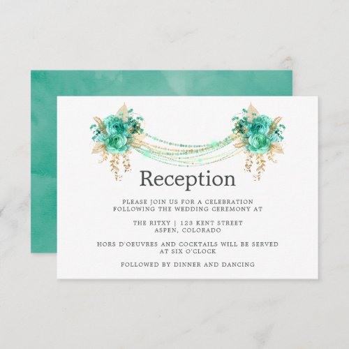 Mint  Gold Floral String Lights Wedding Reception Invitation