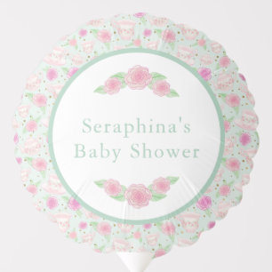 Mint Gold Floral Tea Party Baby Shower Balloon
