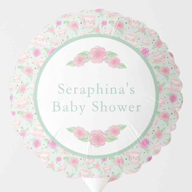 Mint Gold Floral Tea Party Baby Shower Balloon (Front)