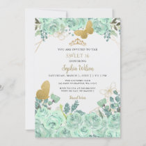 Mint Gold Floral Tiara Butterfly Sweet 16 Invitation