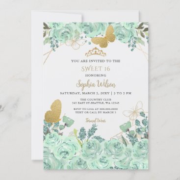 Mint Gold Floral Tiara Butterfly Sweet 16 Invitation