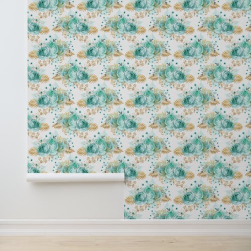 Mint Gold Floral Wallpaper