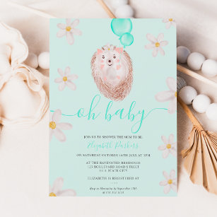 Mint gold flower hedgehog watercolor baby shower invitation