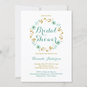 Mint Gold flower Wreath Bridal Shower Invitation