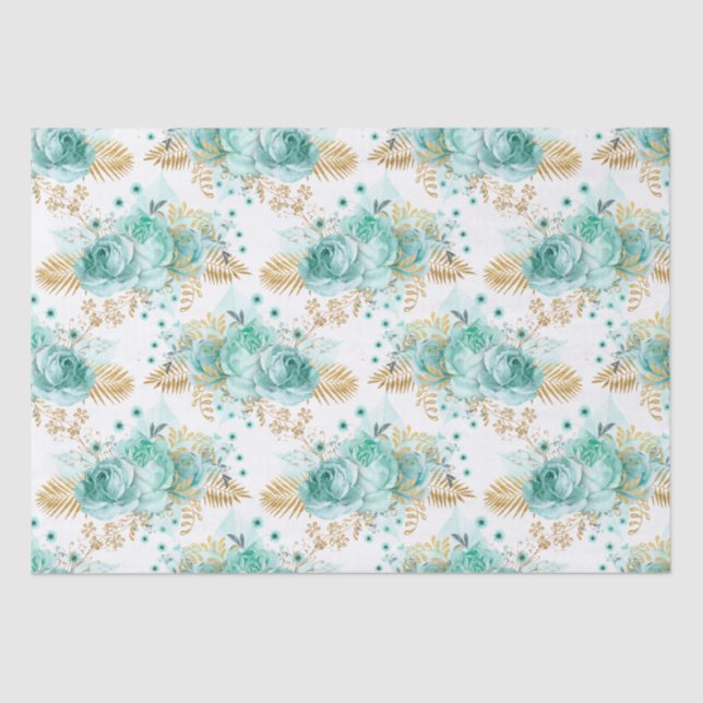 Mint Gold Glam Floral Tissue Paper (Front)