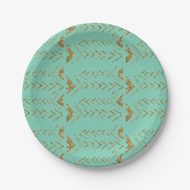 Mint Gold Glam Watercolor Arrows Paper Plates (Front)