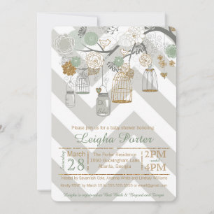 Mint Gold Glitter Baby Shower Mason Jar Bird Cages Invitation