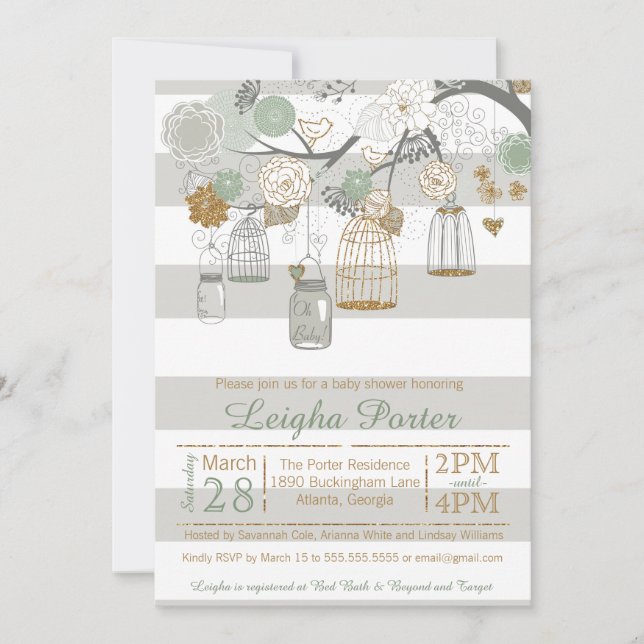Mint Gold Glitter Baby Shower Mason Jar Bird Cages Invitation (Front)