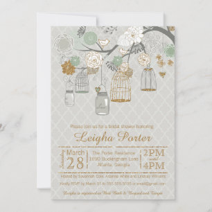 Mint Gold Glitter Bridal Shower Mason Jars Cages Invitation