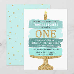 Mint & Gold Glitter Cake 1st Birthday Invitations