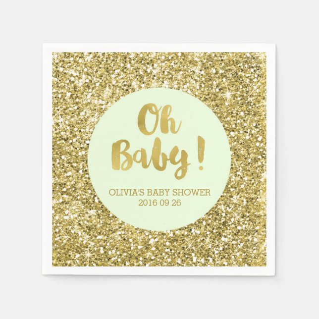 Mint Gold Glitter Confetti Oh Baby Baby Shower Paper Napkins (Front)