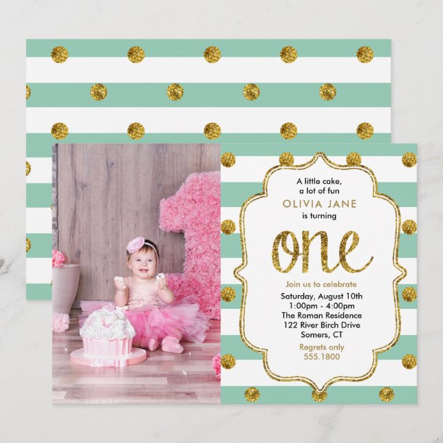 Mint, Gold Glitter First Birthday Photo Invitation (Front/Back)