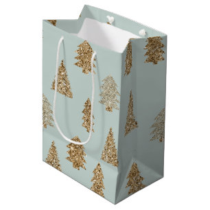 Mint Gold Glitter Glam Christmas Trees Medium Gift Bag