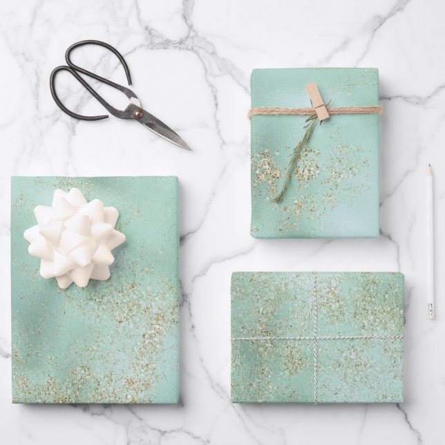 Mint Gold Glitter Glitz Wrapping Paper Sheets (Front)