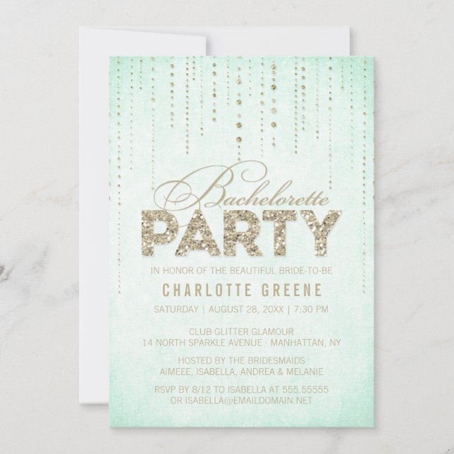 Mint & Gold Glitter Look Bachelorette Party Invitation (Front)