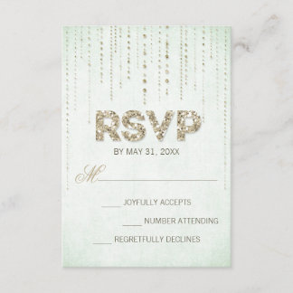 Mint & Gold Glitter Look Wedding RSVP Card