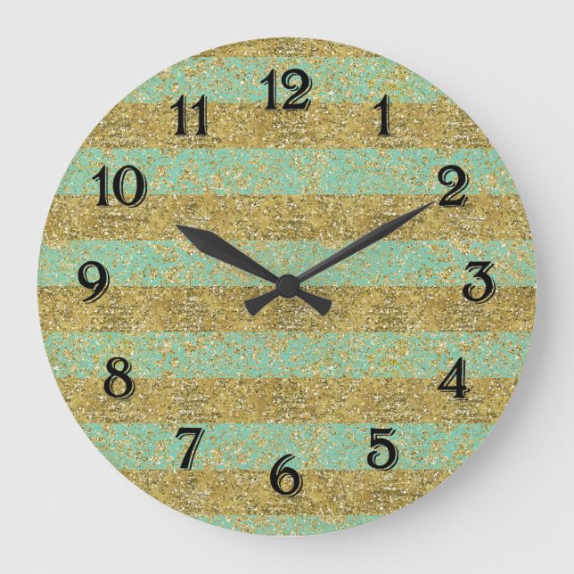 Mint Gold Glittery Stripes Large Clock (Front)
