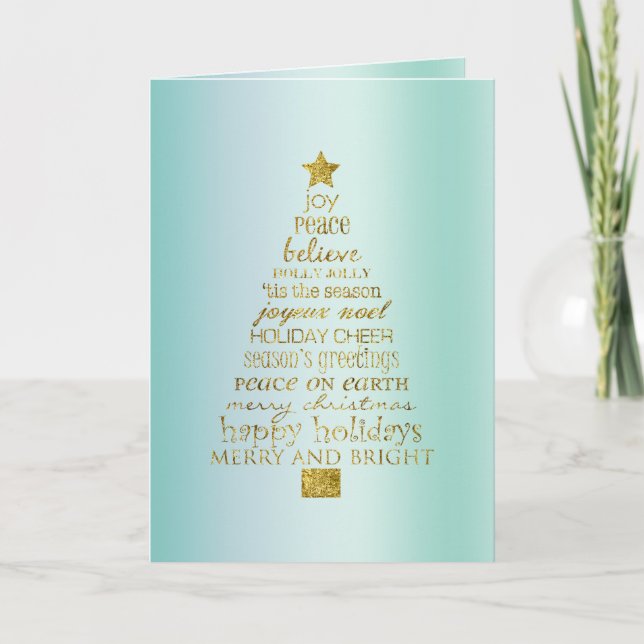 Mint Gold Inspirational Christmas Tree Peace Joy  Card (Front)