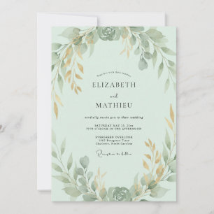Mint Gold Leafy Wedding Invitation