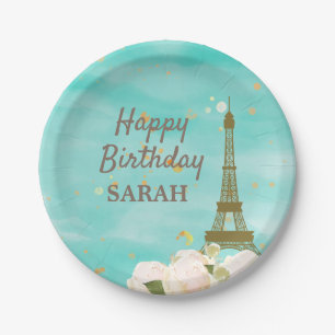 Mint Gold Paris Eiffel Tower Sweet 16 Birthday Paper Plates