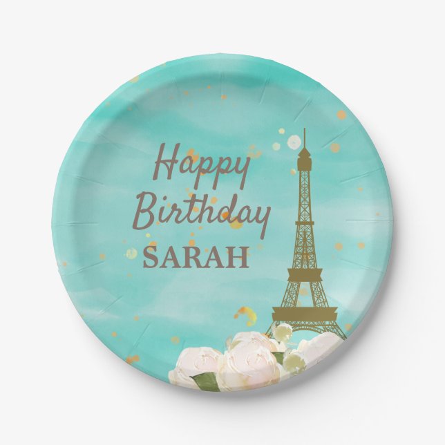 Mint Gold Paris Eiffel Tower Sweet 16 Birthday Paper Plates (Front)