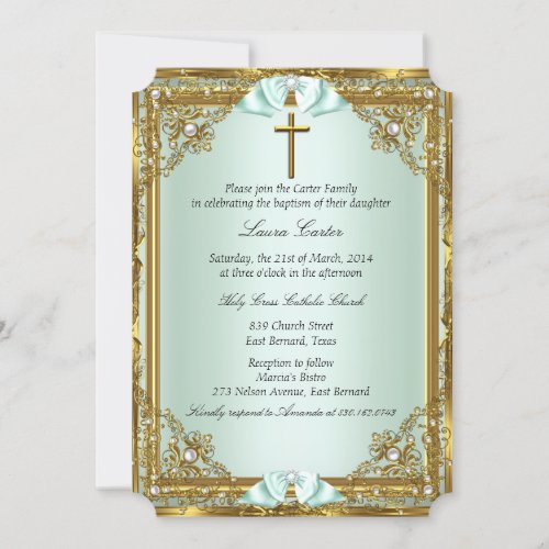 Mint Gold Pearl Damask Cross Baptism Christening 2 Invitation