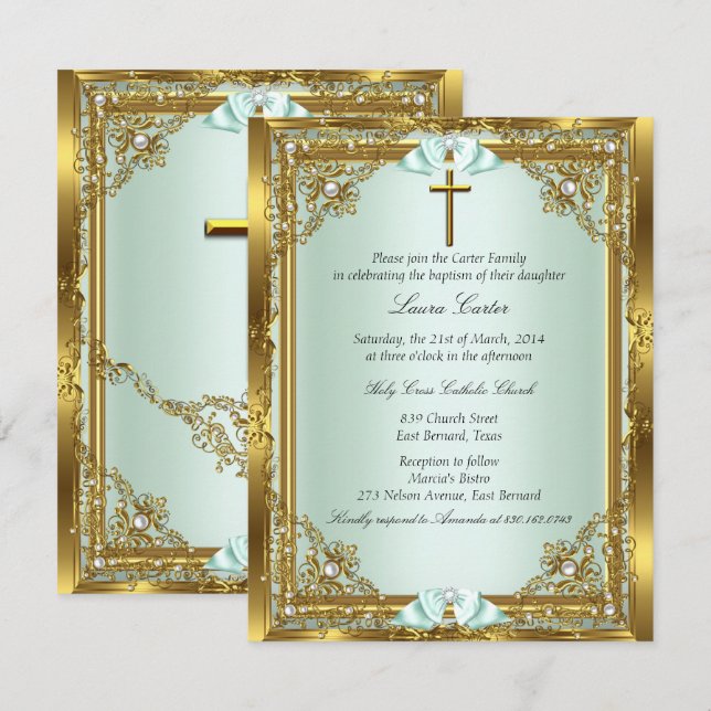 Mint Gold Pearl Damask Cross Baptism Christening 3 Invitation (Front/Back)