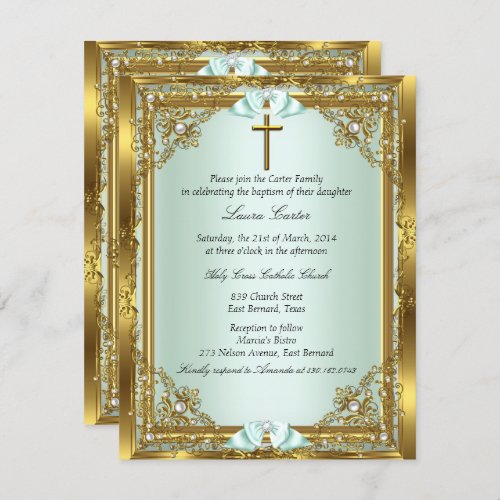 Mint Gold Pearl Damask Cross Baptism Christening 3 Invitation