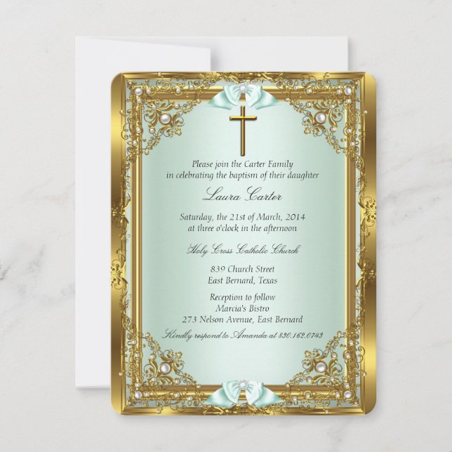 Mint Gold Pearl Damask Cross Baptism Christening 3 Invitation (Front)