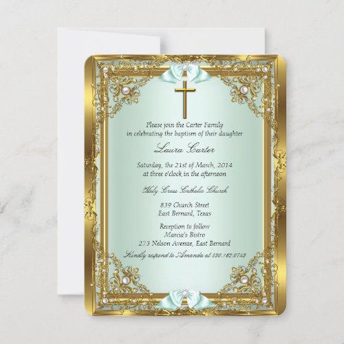 Mint Gold Pearl Damask Cross Baptism Christening 3 Invitation