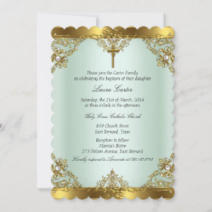 Mint Gold Pearl Damask Cross Baptism Christening 3 Invitation